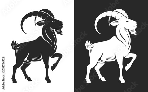 Goat silhouette set. Isolated on black or white backgrounds. Drawing of Goat for 2027 Chinese New Year. Noble mountain goat, ibex. Vector illustration