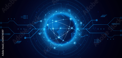 Global digital network connection with glowing blue globe and circuit board lines. High-tech futuristic communication, cloud computing, and big data transfer concept for internet infrastructure.