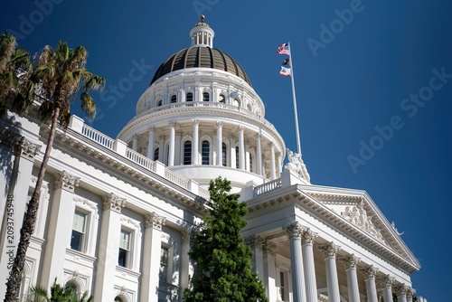 California State Capitol stands tall in Sacramento under a bright blue sky with flags waving and palm trees nearby on a sunny day