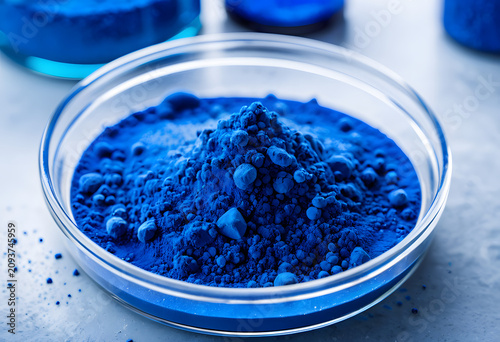 Blue pigment powder in glass bowl for art