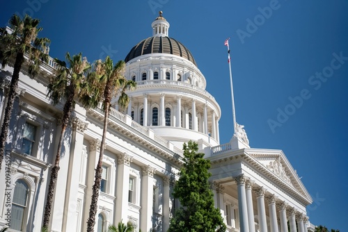 California State Capitol in Sacramento shows its dome and architecture under clear skies and sunlight with palm trees around