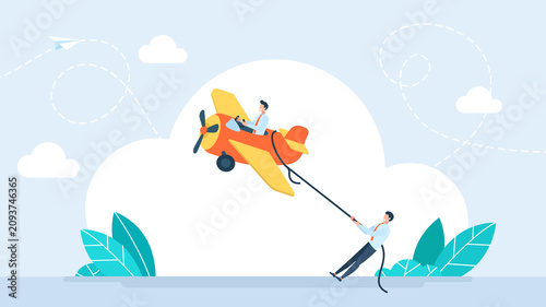 Canvas Print Business man holding rope to pull small airplane with pilot