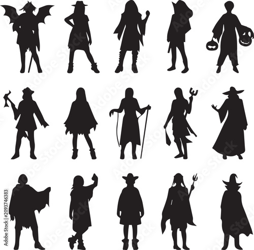 Halloween costumes silhouettes set isolated on white background. People in spooky carnival suits vector illustration.