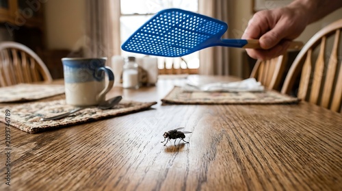 Person holding a blue fly swatter over a house fly sitting on a wooden dining table