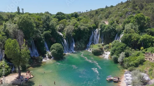 Kravica Waterfall, Bosnia and Herzegovina - June 7, 2026: Aerial view of the famous Kravica Waterfall and turquoise pools during summer