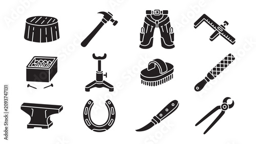 Konstfotografi Horseshoeing tools solid icon set