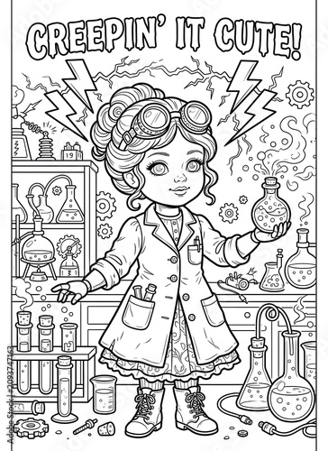 Cute Halloween scientist coloring page with potions, flasks and spooky laboratory tools. Perfect for kids activity books, classroom printables and seasonal fun.
