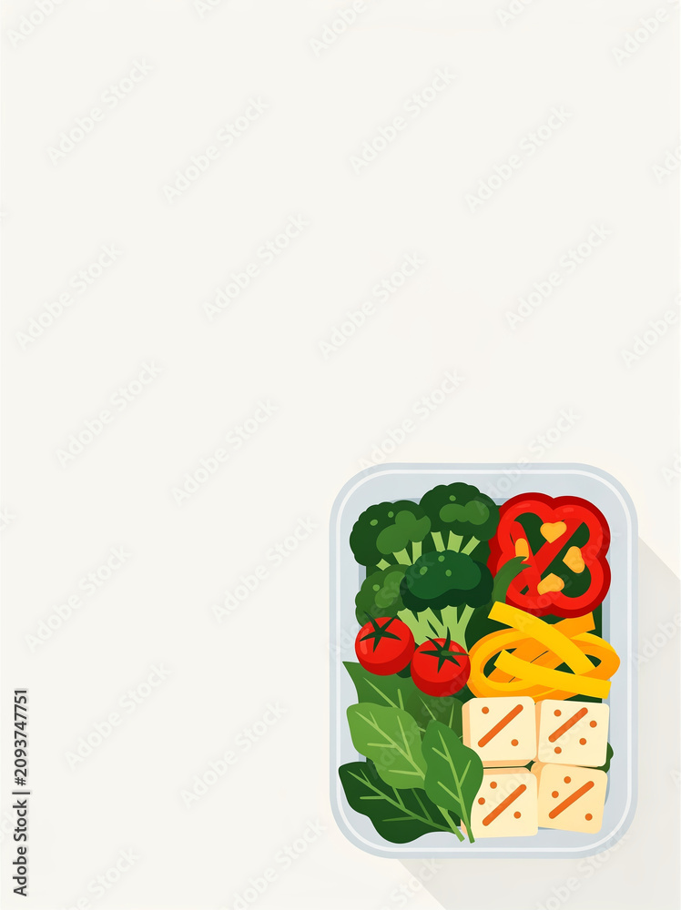 Obraz premium A healthy meal prep container filled with fresh vegetables and tofu.