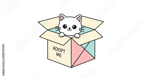 Obraz na płótnie A cute white kitten peeking out of an open cardboard box with Adopt Me written on the side, symbolizing adoption and companionship