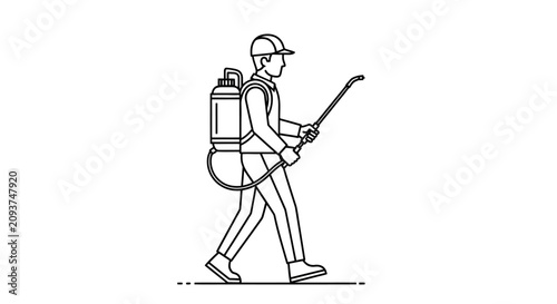 Foto Line art illustration of a person wearing a backpack sprayer and holding a spray wand, walking, depicting pest control or gardening work