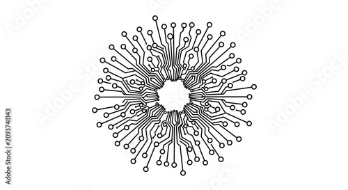 Abstract black and white circular circuit board pattern resembling a technological snowflake or a complex neural network diagram.