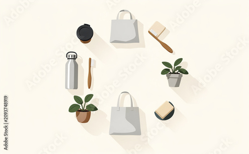 A circular arrangement of various eco-friendly and sustainable products.
