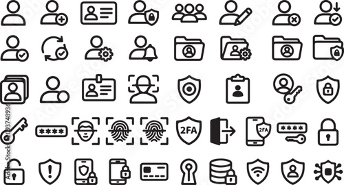 Set of user profile account security and identity protection line icons for web and mobile apps
