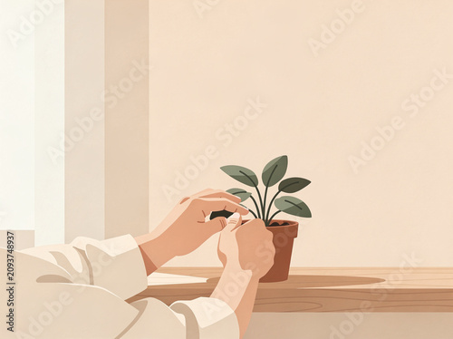 Hands tending to a small potted plant on a wooden shelf.