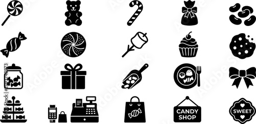 Foto Confectionery candy store and sweet treats icons set with chocolate lollipop mar