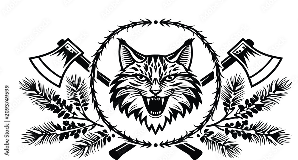 Obraz premium A high-contrast, black-and-white ink illustration centered on a cream-colored background. The main subject is a stylized lynx head, facing directly forward with its mouth open in a fierce expression, 