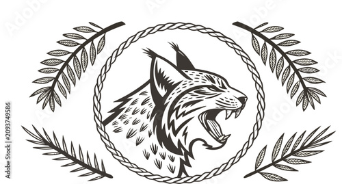 Bilde på lerret A high-contrast, black-and-white ink illustration centered on a cream-colored background