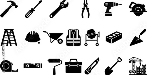 Construction tools and building equipment icon set with construction building equipment hardware renovation