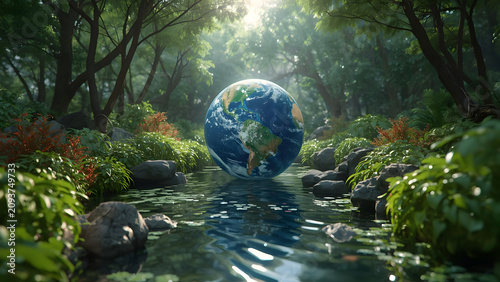 Planet Earth Floating in Lush Forest Stream