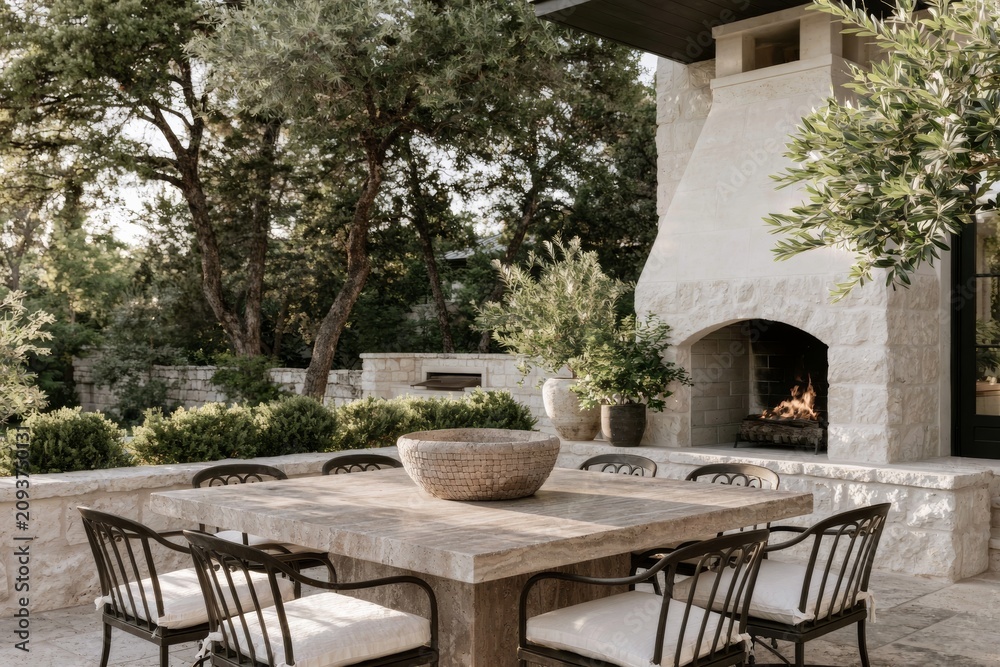 Fototapeta premium Outdoor dining terrace featuring a limestone manor house with a stone fireplace, surrounded by lush greenery and a wooden dining table with black chairs