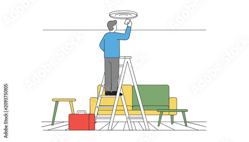 Man climbs a metal ladder to inspect or repair a smoke detector on the ceiling above a yellow sofa and a red toolbox.