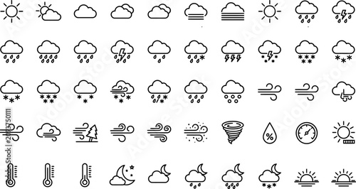 Fotografie Comprehensive collection of weather forecast line art icons with forecast meteor