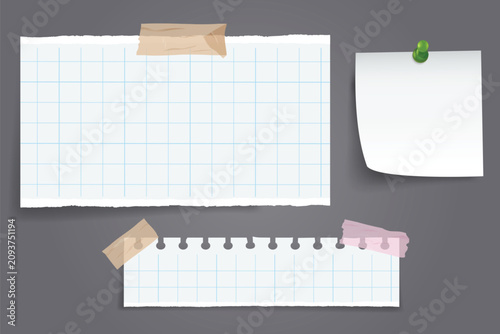Фотография Torn notebook paper and push pin vector illustration on gray background