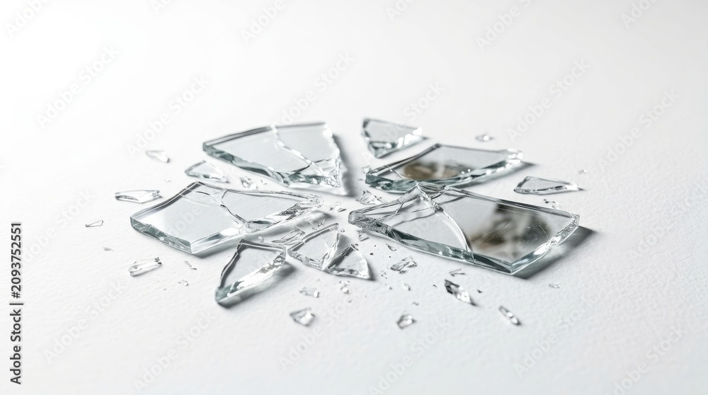 Fototapeta premium Sharp Shards of Broken Glass Scattered on a White Surface