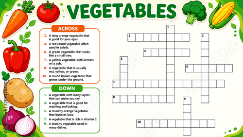 Brightly colored vegetables fill a crossword grid. Green, red, yellow, and orange veggies stand out. Crossword clues relate to common produce items. Children may enjoy this educational and fun design