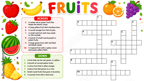 Colorful fruit-themed crossword puzzle for kids. Bright letters and images of apples, oranges, grapes, and more. Educational activity for children learning about fruits