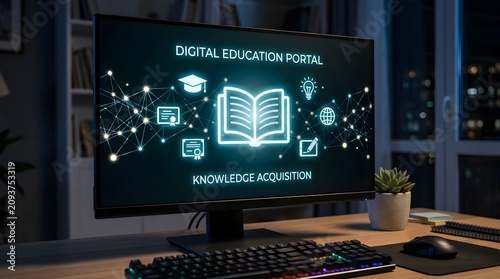 E-learning portal and online education concept with computer monitor displaying learning platform interface surrounded by books in study environment