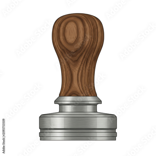 Wooden-handled metal stamp with a polished silver base on white background.