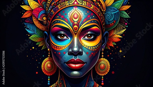 A vibrant, colorful illustration of a woman's face adorned with decorative elements