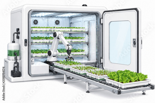 Robotic arm in automated vertical farm with conveyor belt