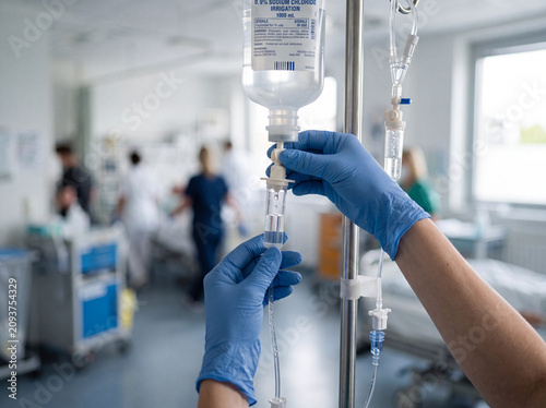 Healthcare worker adjusting an intravenous saline drip in a bright hospital ward. Close-up of gloved hands managing IV infusion equipment during patient treatment and clinical care.