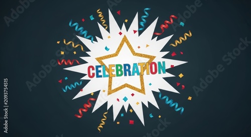 Dynamic graphic illustration of a vibrant celebration starburst, surrounded by colorful confetti and streamers, embodying joy, success, and festive occasions