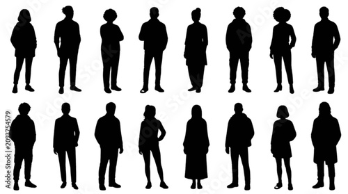 Silhouette people walking in a row isolated on transparent background