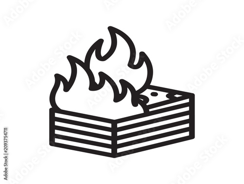 Burning money icon. Cash on fire vector. Financial loss symbol design.