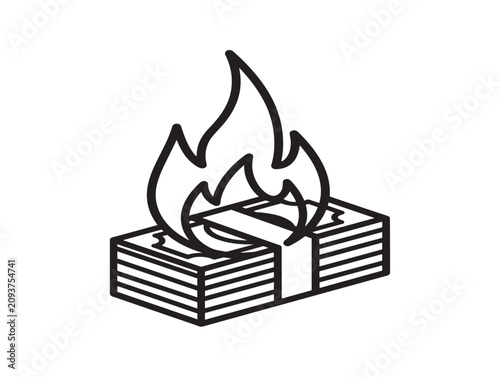 Burning money icon. Cash on fire vector graphic. Financial loss symbol.