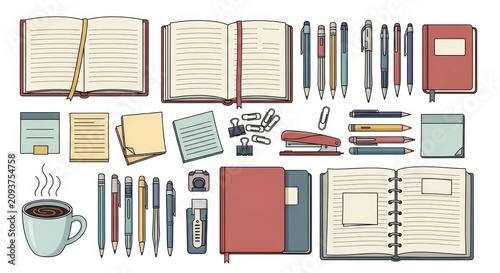Collection of Office and School Stationery Supplies Including Various Notebooks Pens and Writing Tools for Organized Planning