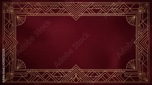 Art Deco frame design with geometric patterns on burgundy background  