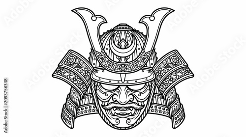 Intricate Black and White Line Art Illustration of a Traditional Samurai Helmet and Mask with Floral Ornate Details