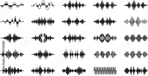 Tableau sur toile Set of twenty-five black audio waveform patterns, digital sound frequency visual