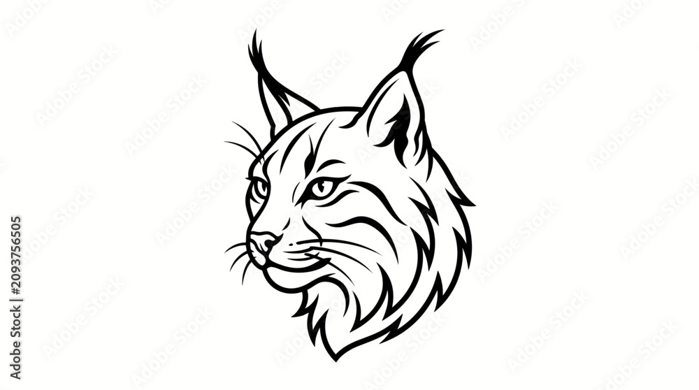 Obraz premium Stylized black and white illustration of a lynx head in profile with sharp lines and bold markings