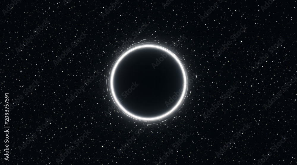 Obraz premium Black hole features a glowing white event horizon encircling a dark gravitational singularity, set against a backdrop of distant stars that emphasize the intense power of this cosmic phenomenon.