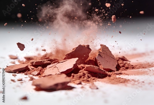 Broken pieces of red eyeshadow with powder exploding in air