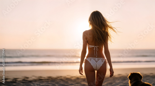 A beautiful woman in a white bikini walking with her dog on a sandy beach at sunset with soft golden light and ocean waves background
