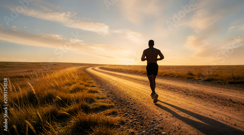 Shirtless man running on a rural dirt road through golden fields at sunset, representing freedom, fitness, and endurance in nature.