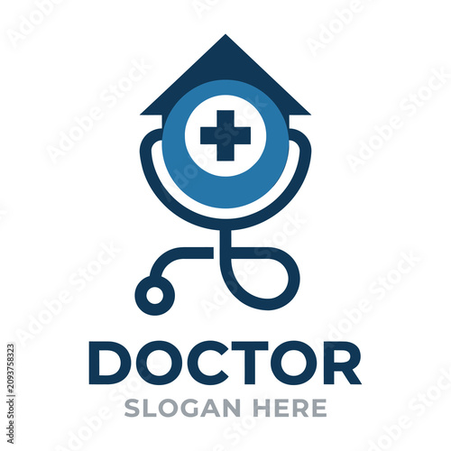 Doctor logo with stethoscope and cross symbol on house shape background medical
