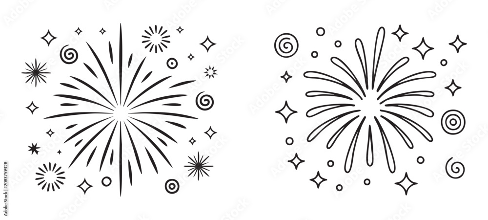 Obraz premium Set of fireworks icons. black outline doodle style fireworks explosion elements with sparkle.